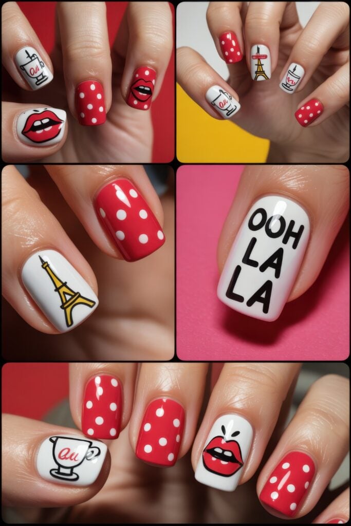 Short rounded nails with red and white polka dots, Eiffel Tower art, red lip designs, and French text including "OOH LA LA" in pop art style.