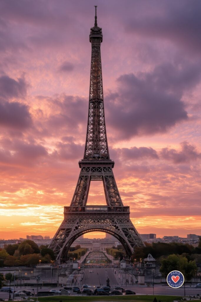Eiffel Tower silhouetted against spectacular purple, pink and golden sunset sky with dramatic cloud formations and Trocadéro plaza visible in foreground