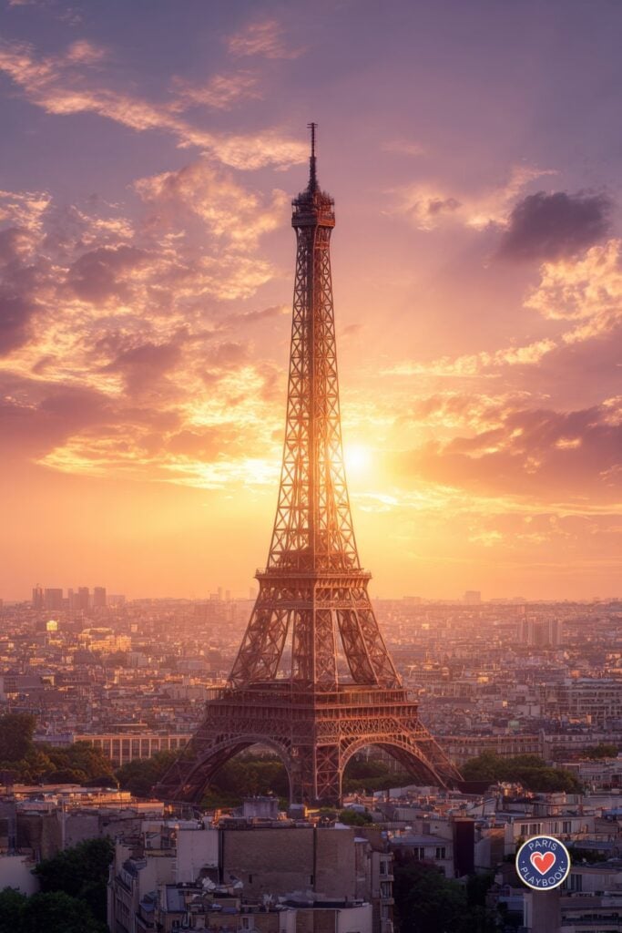 Eiffel Tower illuminated in golden light against dramatic purple and orange sunset sky with panoramic view of Paris cityscape and buildings stretching to the horizon