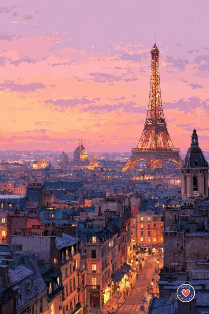Aerial view of traditional Parisian Haussmann rooftops with mansard windows and chimneys at sunset, Eiffel Tower visible in background against pink and purple sky with illuminated streets below