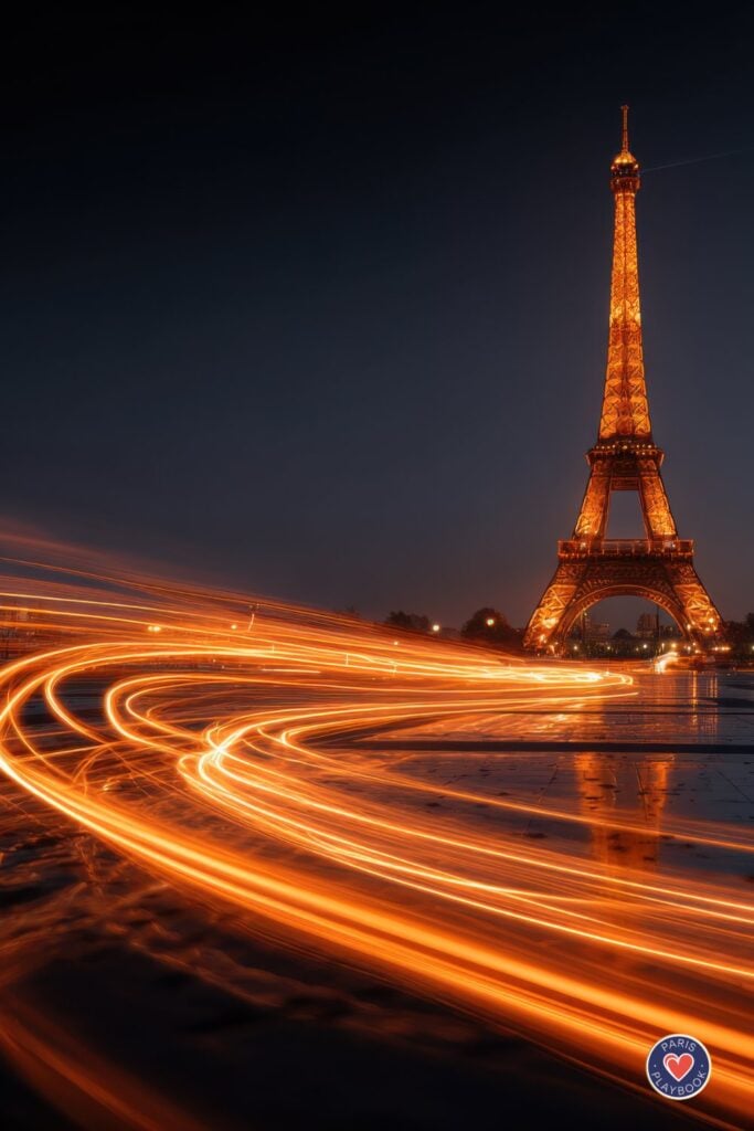 Eiffel Tower illuminated in golden light with dramatic long exposure light trails from car headlights creating flowing patterns on wet plaza surface against dark blue evening sky