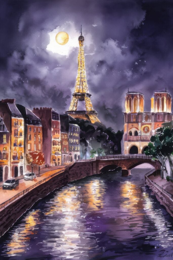 Artistic watercolor-style painting of Paris at night with full moon, illuminated Eiffel Tower and Notre Dame Cathedral, golden reflections on Seine River under dramatic purple cloudy sky
