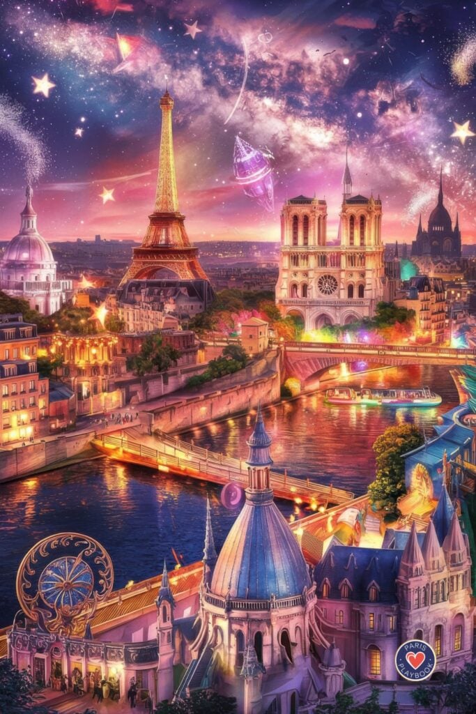 Fantastical digital art of Paris skyline with Eiffel Tower, Notre Dame, and Seine River under surreal cosmic sky filled with stars, planets, nebulae, and swirling galaxies in pink and purple hues