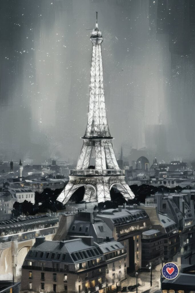 Black and white artistic rendering of Eiffel Tower in heavy snowfall with dramatic lighting and moody storm clouds over Parisian rooftops and Haussmann buildings