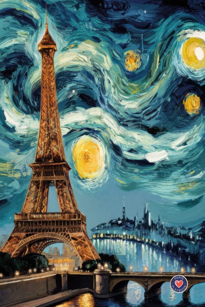 Van Gogh-inspired painting of Eiffel Tower with characteristic swirling brushstrokes in blue and yellow, starry night sky, and Seine River with bridge reflections in post-impressionist style