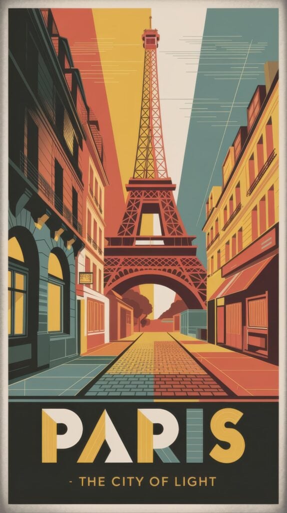 Art Deco travel poster showing Eiffel Tower framed by colorful geometric buildings and cobblestone street perspective