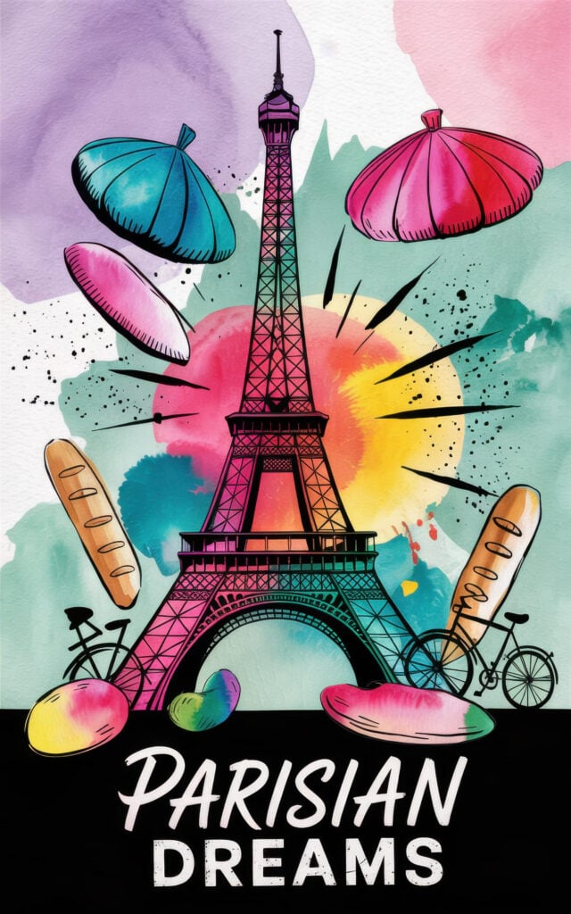 Whimsical watercolor poster showing floating umbrellas, baguettes, and bicycle around Eiffel Tower with "Parisian Dreams" text