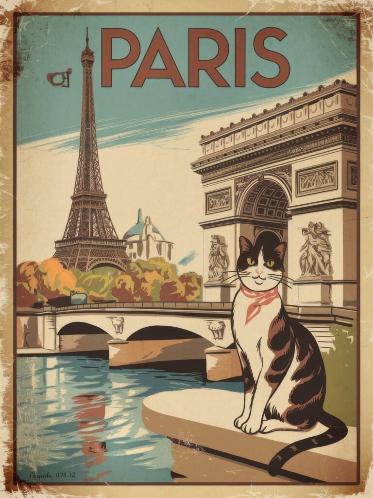 Vintage travel poster featuring calico cat with red scarf sitting by Seine River with Arc de Triomphe and Eiffel Tower