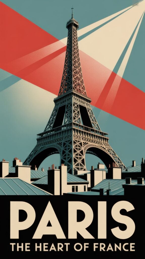 Art Deco style poster with geometric sunburst pattern behind Eiffel Tower and Parisian rooftops in muted colors