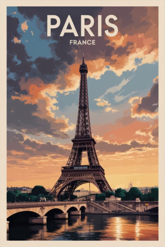 Realistic poster showing Eiffel Tower against dramatic cloudy sky with golden lighting and Seine River bridge