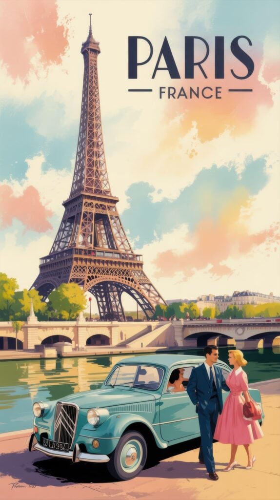 1950s-style poster featuring elegant couple with vintage mint green Citroën car by Seine River and Eiffel Tower