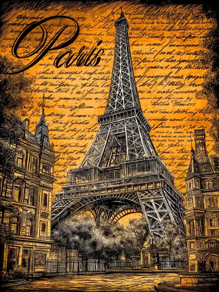 Vintage pen-and-ink illustration with handwritten French text background and detailed Eiffel Tower sketch in sepia tones