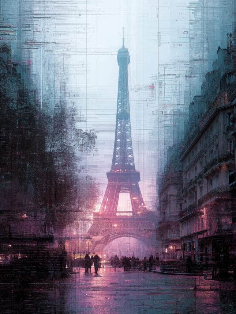 Digital glitch art poster showing Eiffel Tower with pixelated interference effects and purple-pink color overlay