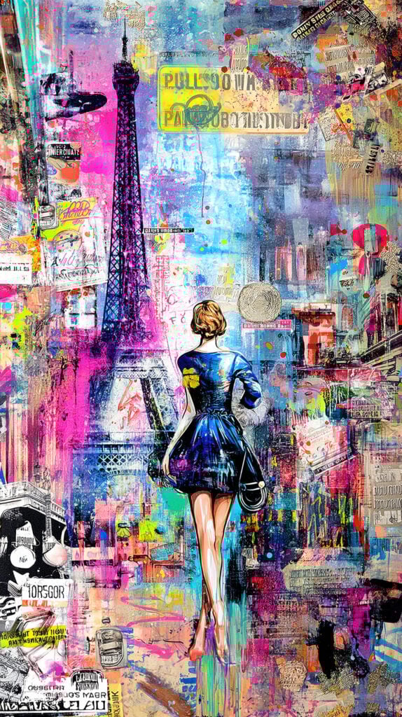 Mixed media collage poster featuring woman walking toward Eiffel Tower surrounded by colorful graffiti, stickers, and magazine clippings