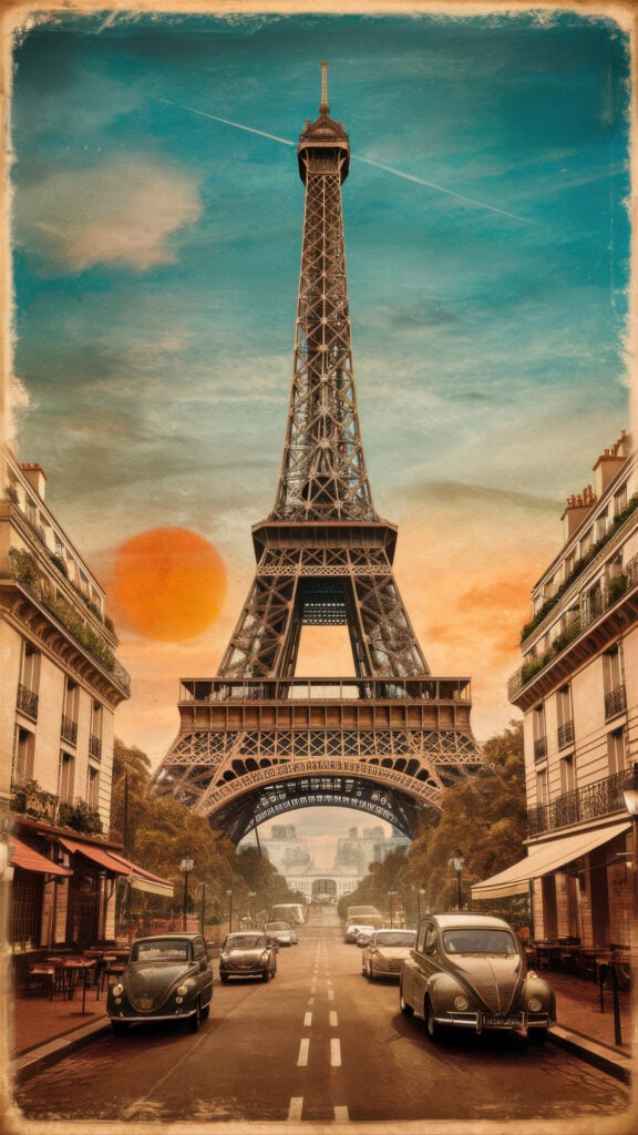 Vintage sepia-toned Paris poster featuring classic 1950s cars on street leading to Eiffel Tower