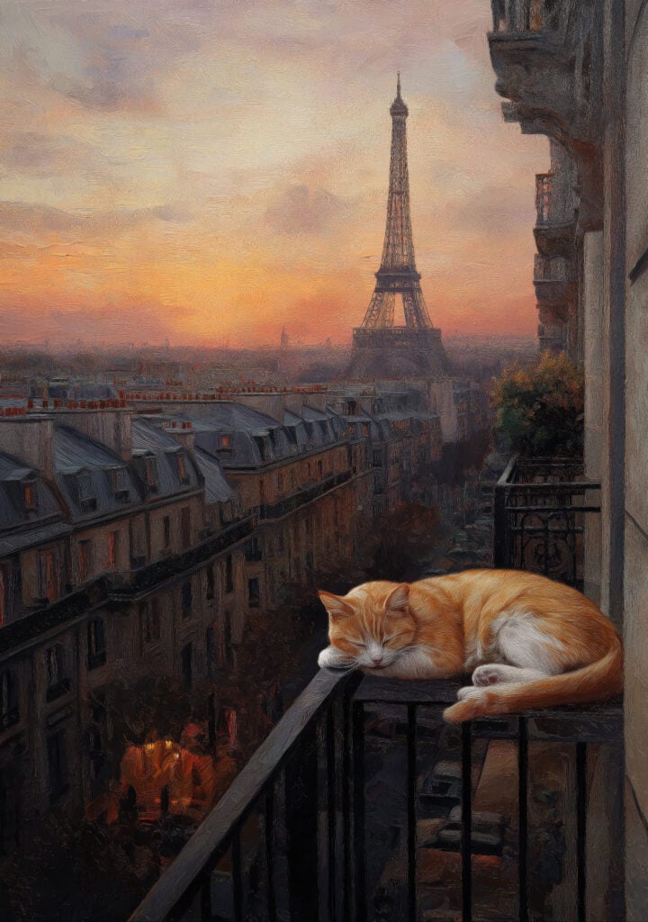 Impressionist-style painting of orange tabby cat sleeping on Parisian balcony with Eiffel Tower and rooftops at sunset