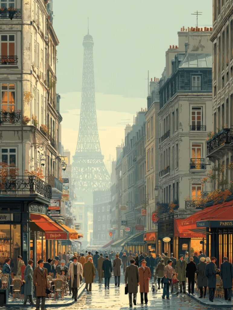 Hyperrealistic illustration of 1920s Parisian street scene with crowds of people in period dress walking toward Eiffel Tower