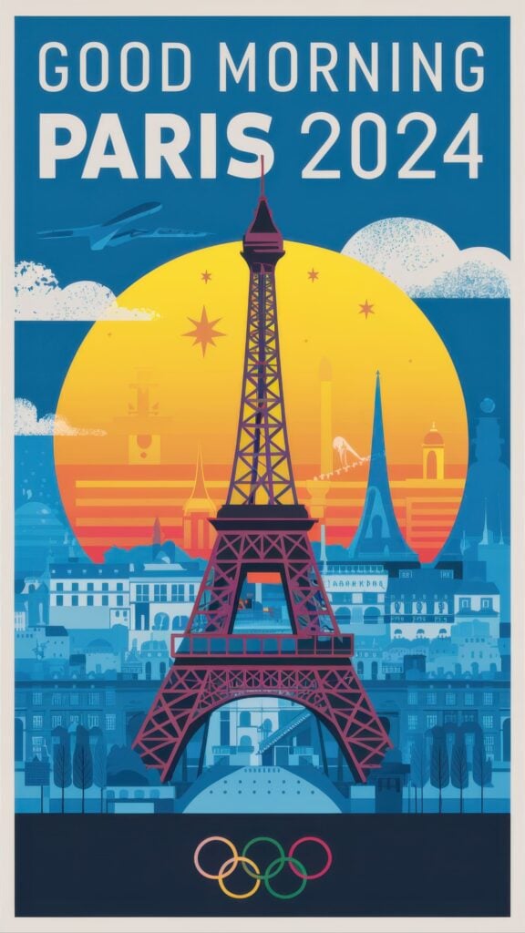 Modern Olympic poster for Paris 2024 featuring Eiffel Tower against large yellow sun with Olympic rings and blue buildings