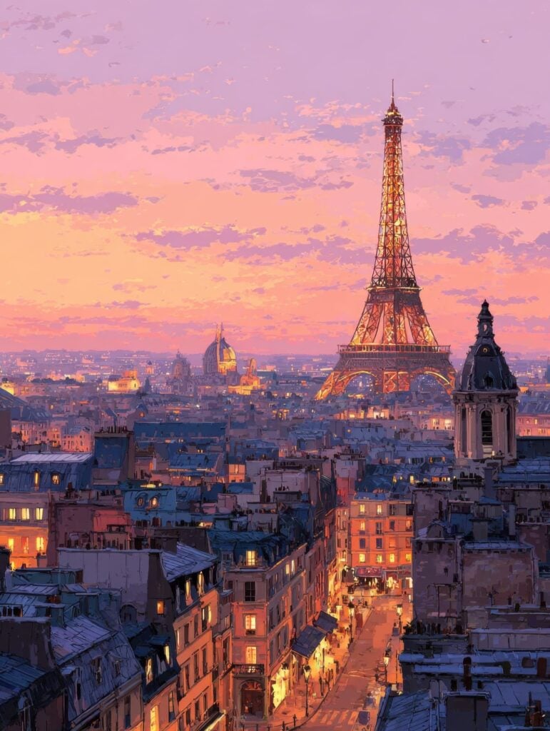 Photorealistic digital art showing Paris rooftops at sunset with purple-pink sky and illuminated Eiffel Tower