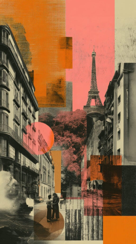 Mixed media collage combining vintage black and white Paris photographs with bright geometric orange and pink color overlays