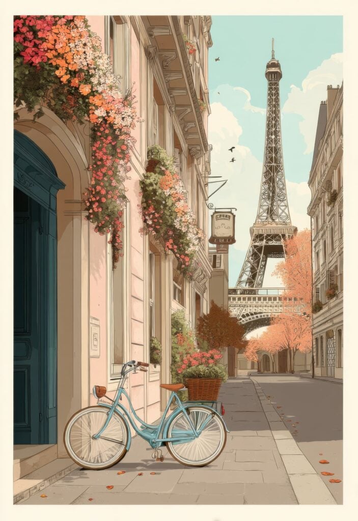 Detailed illustration of turquoise bicycle with flower basket on cobblestone street with flowering balconies and Eiffel Tower
