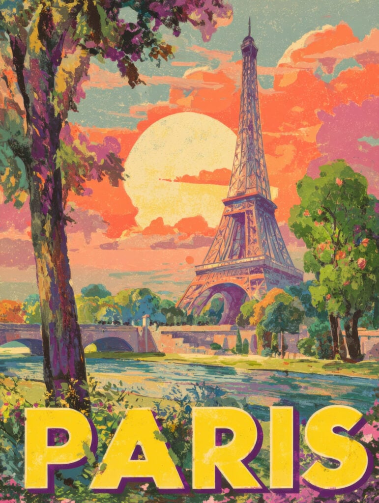 Impressionist painting featuring Eiffel Tower at sunset with bold brushstrokes, featuring trees, river, and coral-orange sky