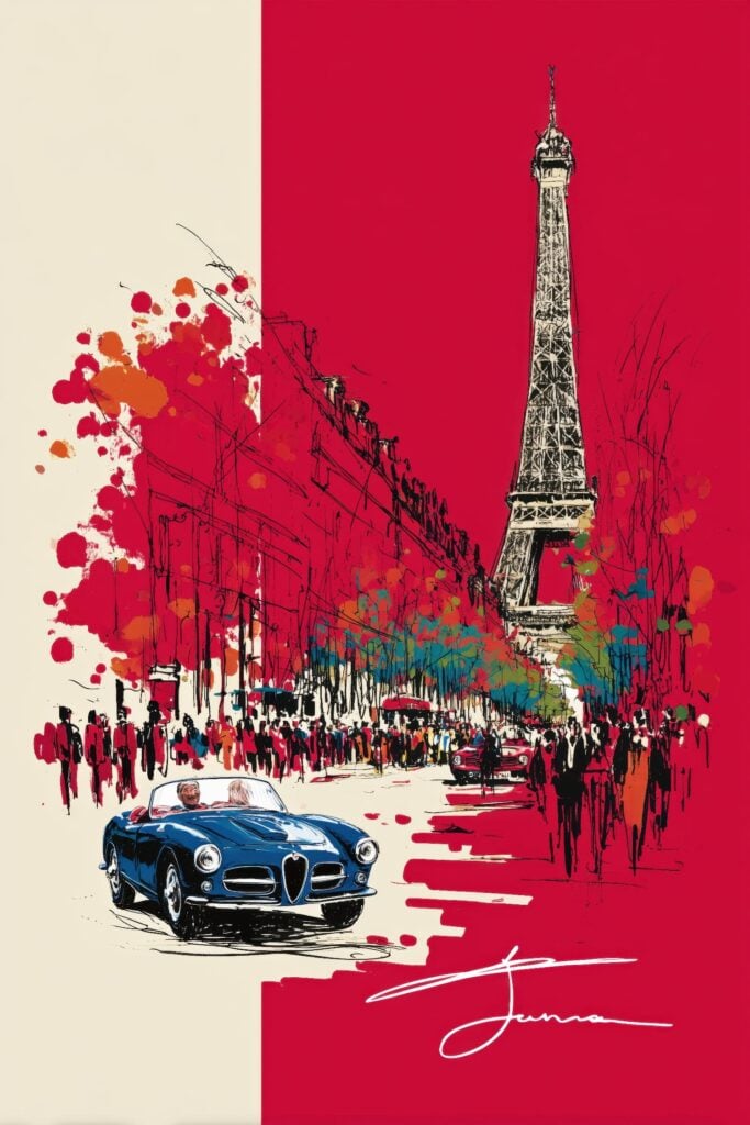Dynamic sketch of blue convertible sports car on red background with paint splatters and crowded Parisian street scene