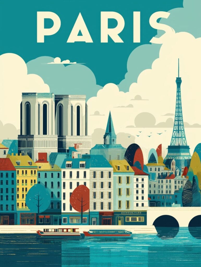 Mid-century modern poster design featuring geometric Paris buildings in teal and yellow with Notre Dame and river boats