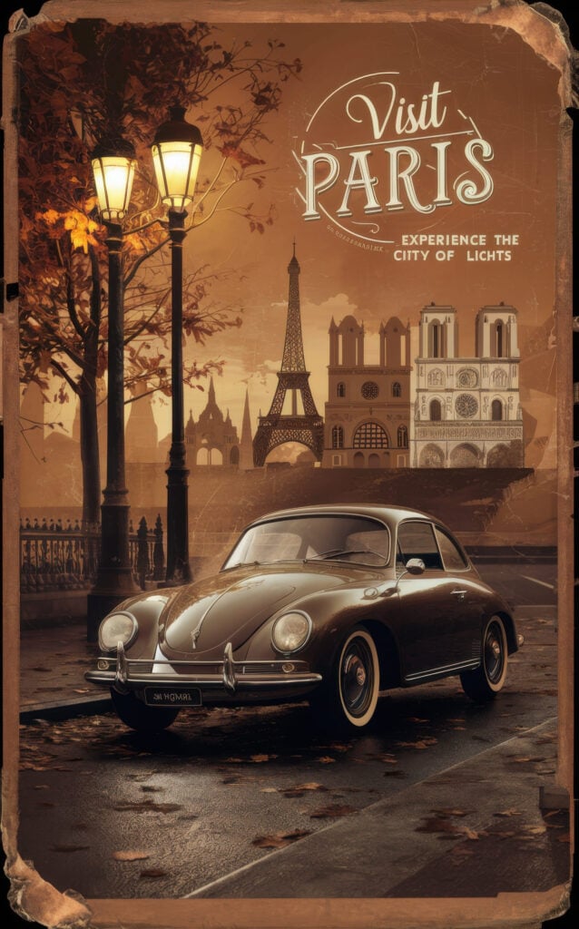 Distressed vintage poster showing classic car parked near illuminated Parisian landmarks including Eiffel Tower and Notre Dame