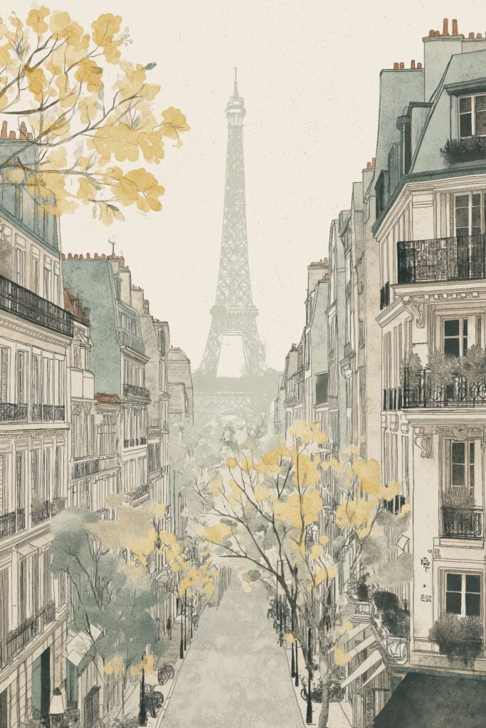 Pen-and-ink sketch with watercolor washes showing Parisian street lined with autumn trees and traditional Haussmann buildings