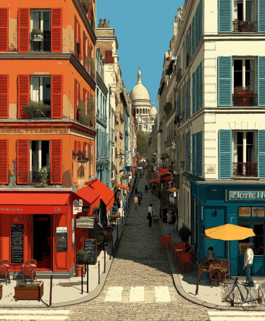 Graphic illustration of colorful Montmartre street with orange and blue buildings leading uphill toward Sacré-Cœur basilica