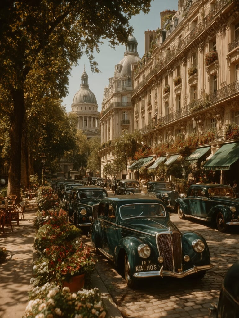 Realistic vintage scene showing 1950s black automobiles parked along tree-lined Parisian boulevard with Panthéon visible