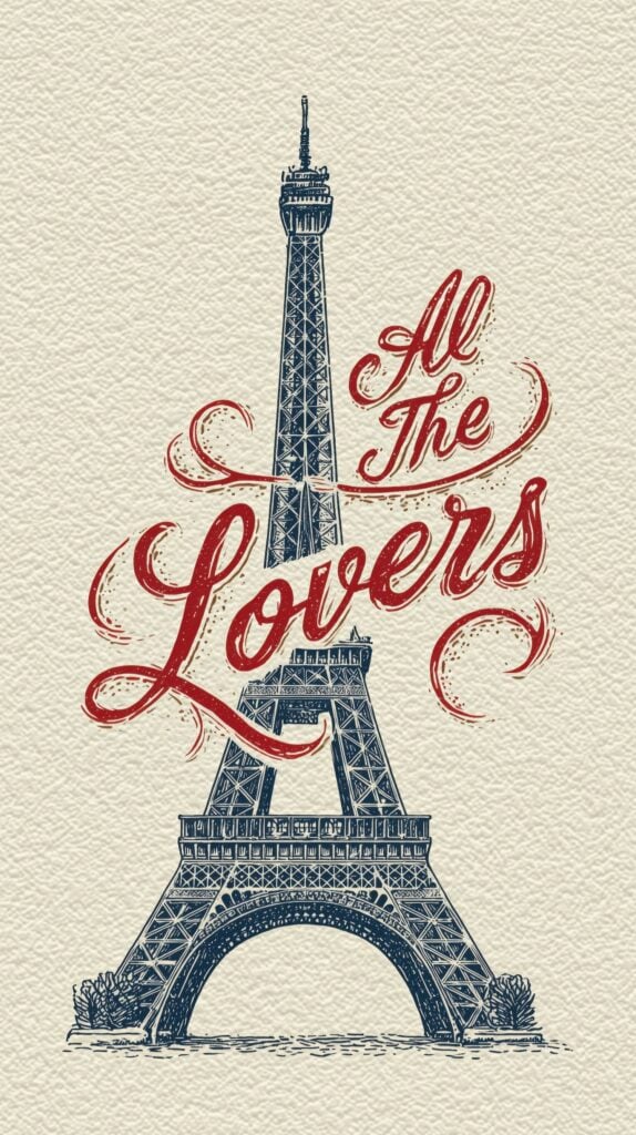 Vintage-style typography poster with ornate "All The Lovers" lettering and detailed Eiffel Tower illustration on cream background