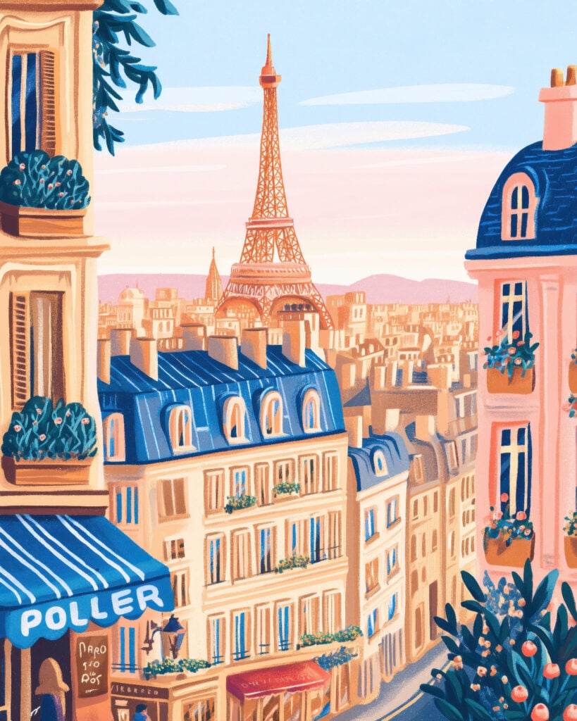 Modern flat design illustration featuring coral and navy Parisian buildings with rooftop gardens and Eiffel Tower backdrop