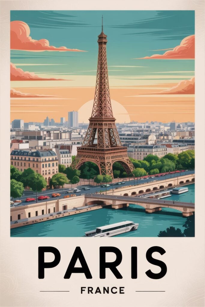 Contemporary travel poster showing Eiffel Tower with Seine River, boats, and coral sunset clouds in clean geometric style