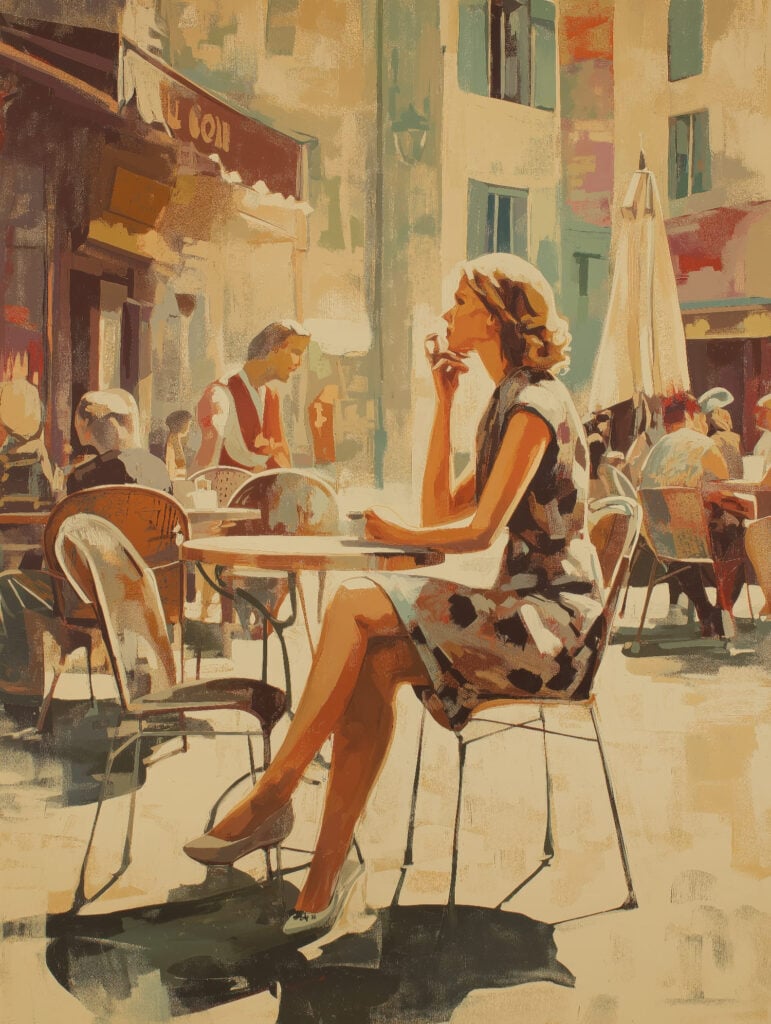 Gouache painting of elegant woman in polka dot dress sitting at sidewalk café table with dappled sunlight