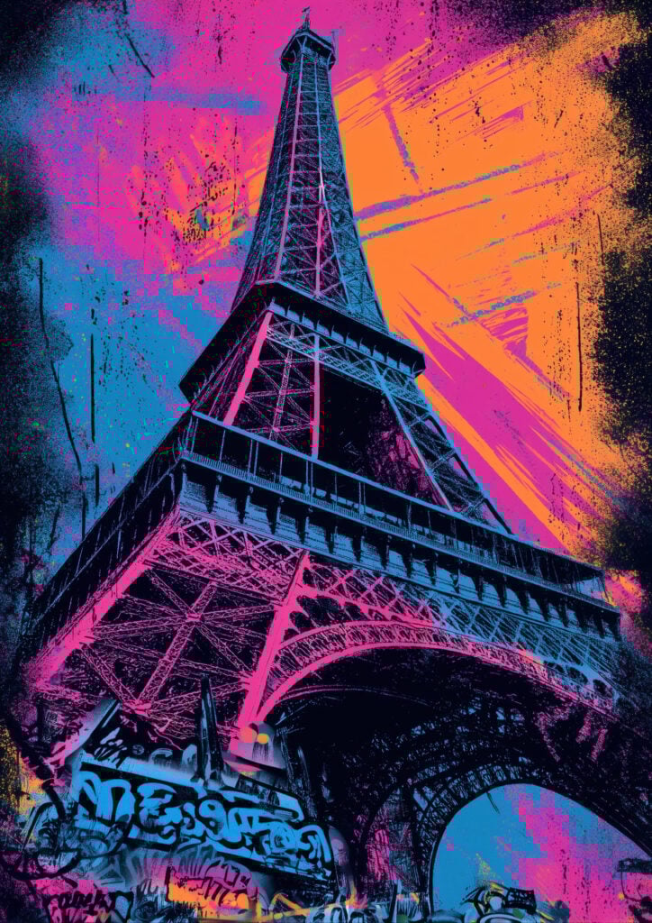 Pop art style poster featuring Eiffel Tower with neon pink and orange paint streaks and graffiti elements