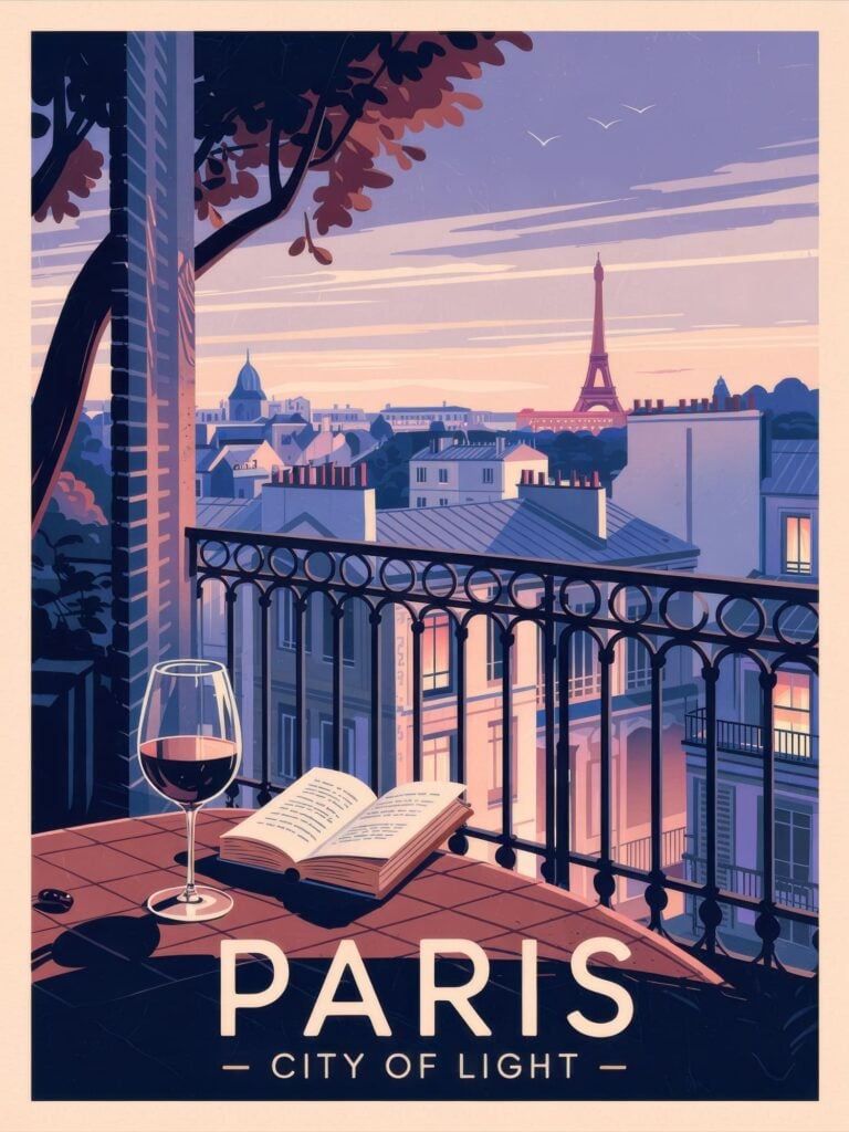 Modern minimalist poster depicting Parisian balcony scene with wine glass, book, and city rooftops at sunset