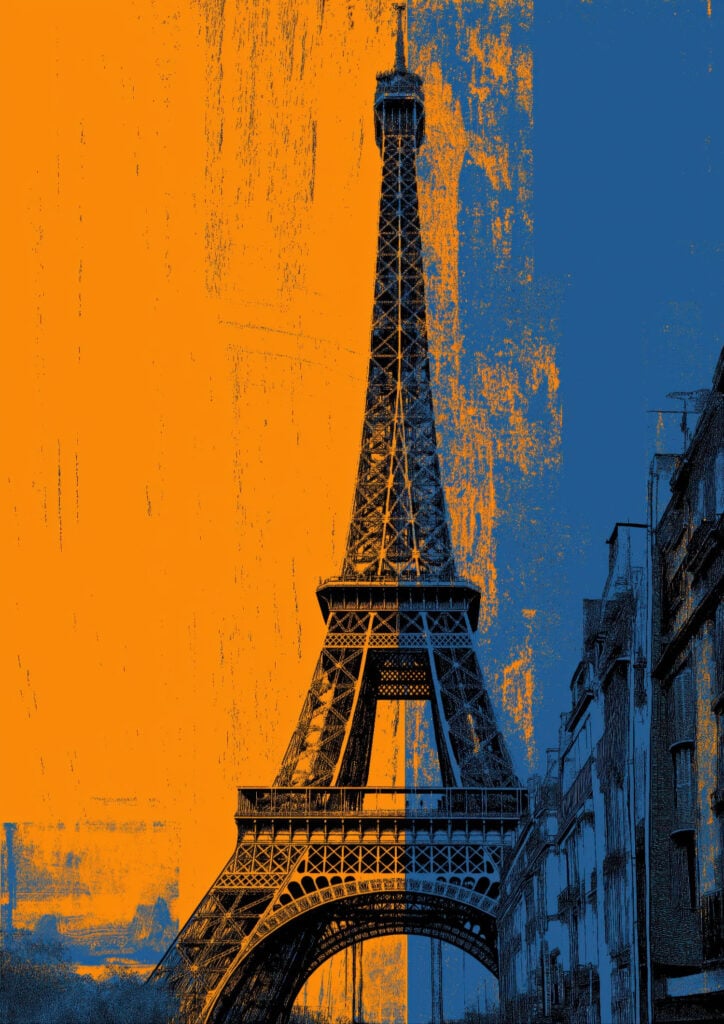 Silkscreen-style poster with Eiffel Tower silhouette against bold orange and blue color blocks with distressed texture