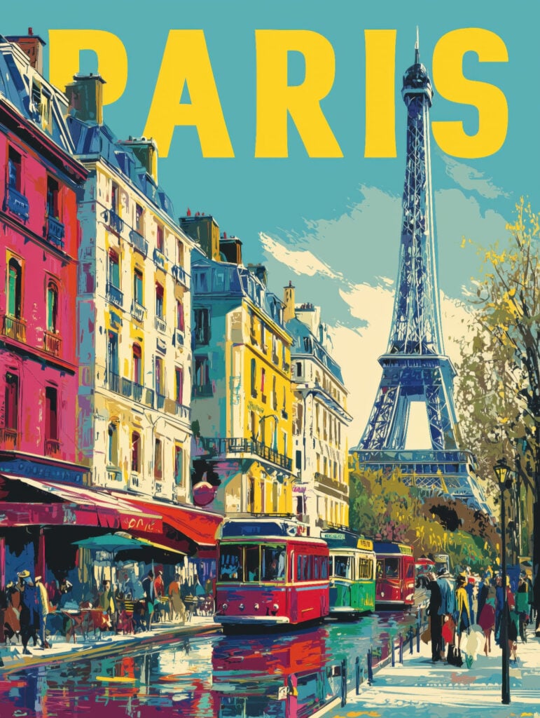 Vibrant poster-style painting featuring colorful vintage trams on rainy Parisian street with rainbow buildings and Eiffel Tower