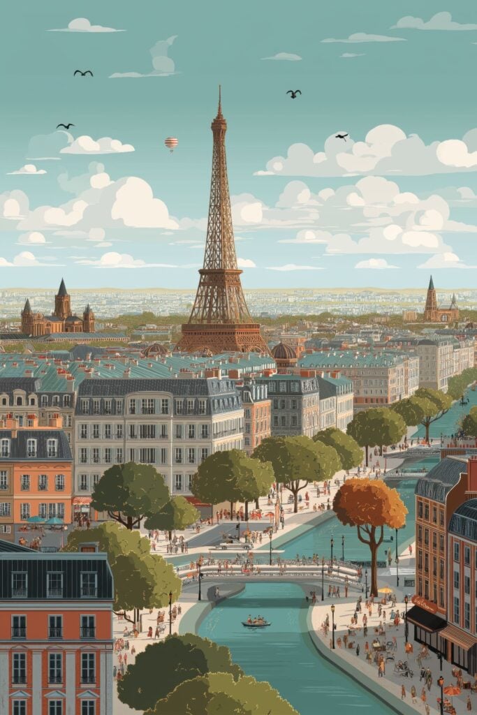 Illustrated bird's eye view of Paris featuring Eiffel Tower, Seine River, hot air balloon, and stylized clouds