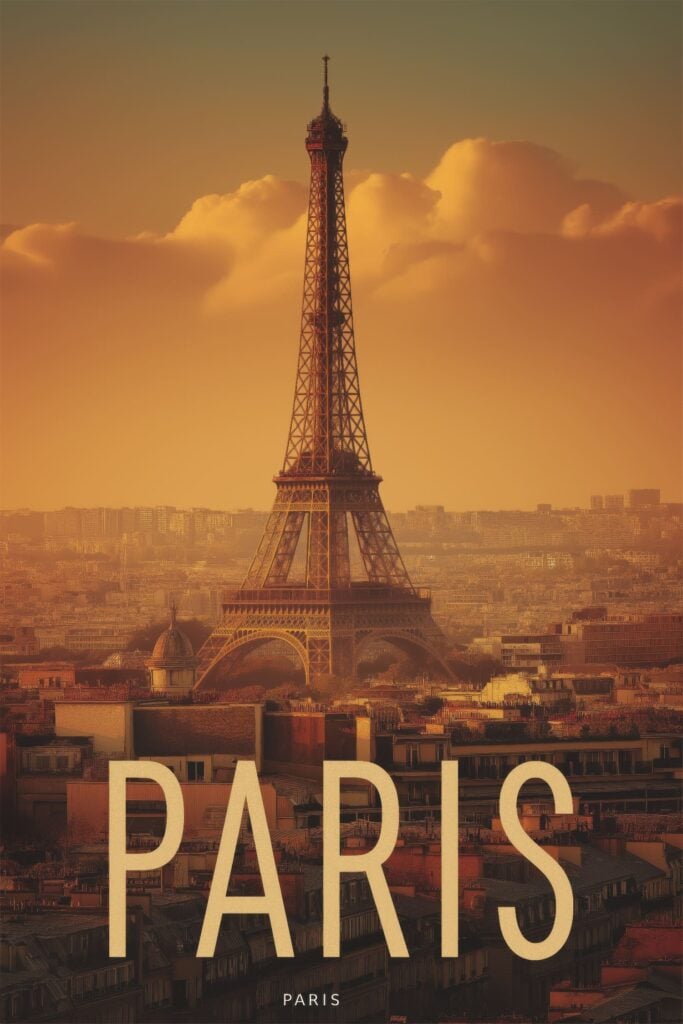 Photorealistic golden hour view of Paris with Eiffel Tower and amber-lit cityscape stretching to horizon
