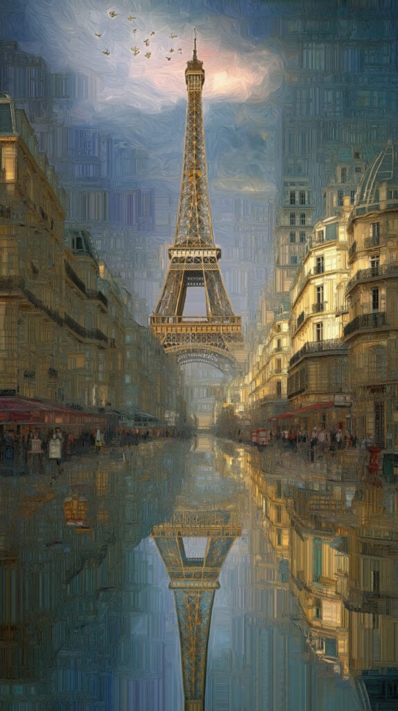 Romantic oil painting showing Eiffel Tower reflected in flooded Parisian street with birds flying overhead