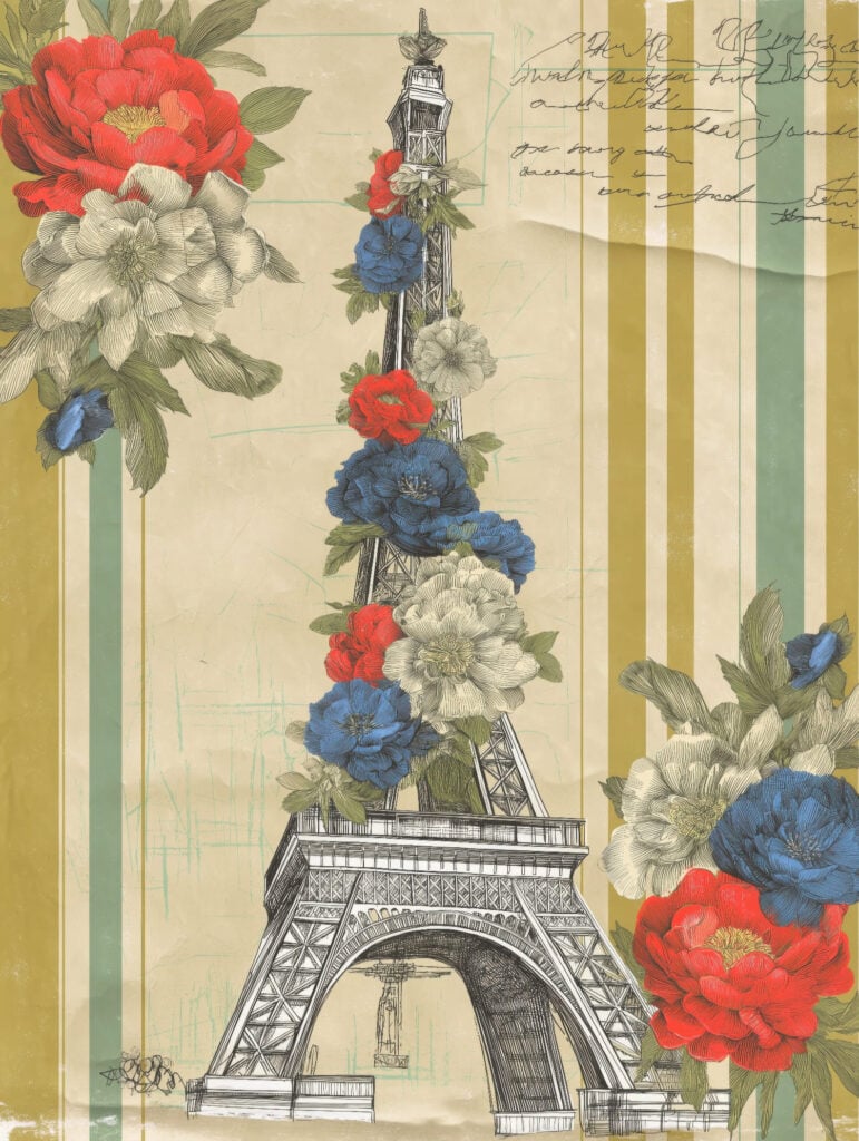 Vintage botanical collage featuring Eiffel Tower with red and blue flowers, handwritten French text, and striped background