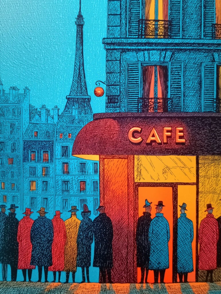 Cross-hatched pen-and-ink illustration showing silhouetted figures queuing outside illuminated café with Eiffel Tower backdrop