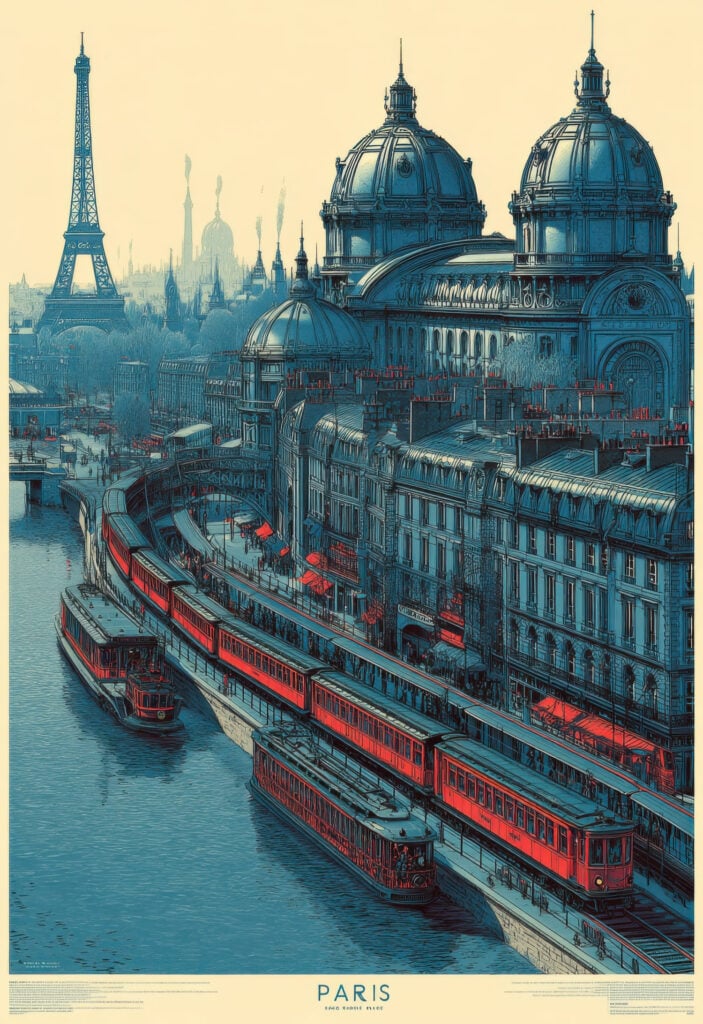 Steampunk-style illustration featuring red trains on waterway with ornate domed buildings and Eiffel Tower in background