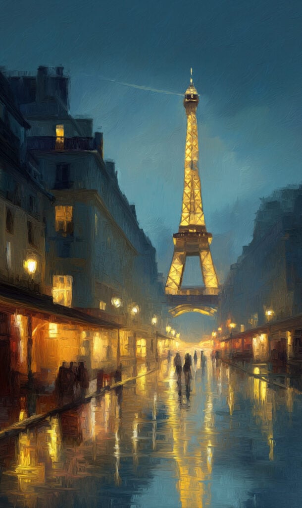 Impressionist painting of rain-soaked Parisian street at night with golden Eiffel Tower and reflected streetlights on wet pavement