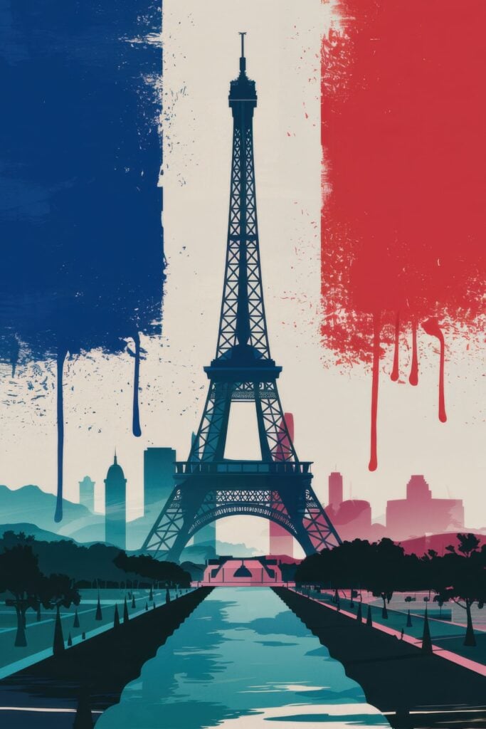 Contemporary artistic poster featuring Eiffel Tower silhouette against French flag colors with paint drip effects