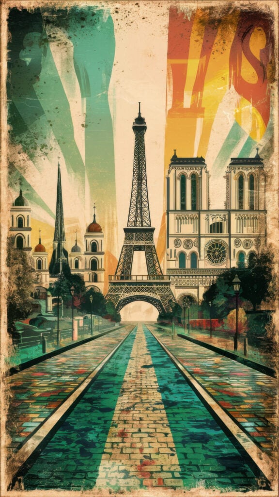 Abstract vintage-style collage poster showing Eiffel Tower and Notre Dame with colorful paint strokes and aged textures