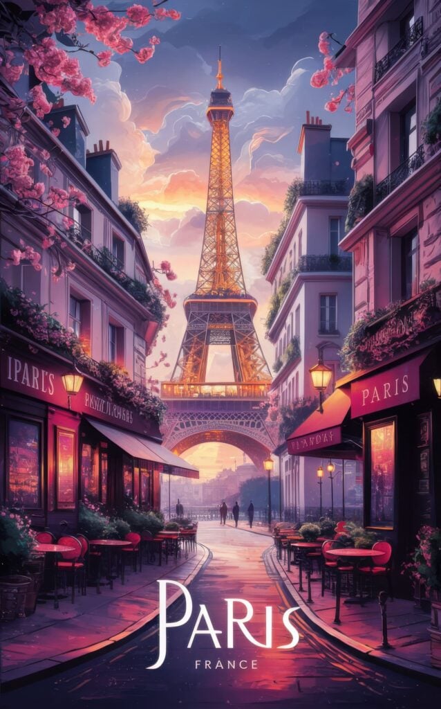 Anime-style Paris poster featuring cherry blossoms, Eiffel Tower, and pink-tinted Parisian street cafes at sunset